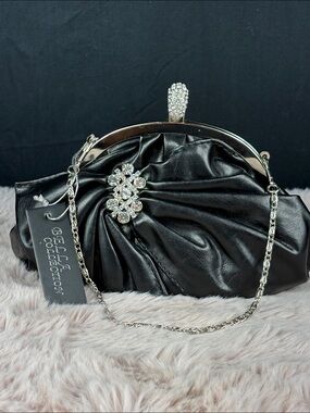 Bella Collection Black Faux Leather Rhinestone Bow Evening Clutch Bag NWT